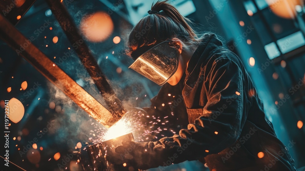 Skilled welder in action, surrounded by vibrant sparks and inten Skilled welder in action, surrounded by vibrant sparks and inten