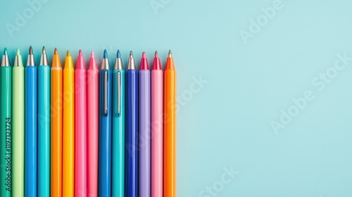 Colorful Set of Creative Drawing Pens and Markers Arranged Neatly on a Light Blue Background