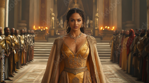 Queen Esther standing confidently in front of King Xerxes' throne, her elaborate gown with embroidered patterns and golden accents glowing under warm ambient palace lighting