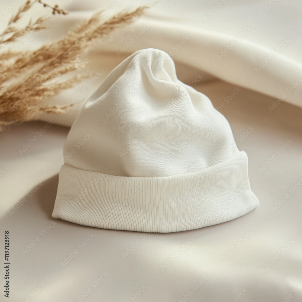 Realistic Baby Beanie on Soft Cream Fabric Realistic Baby Beanie on Soft Cream Fabric