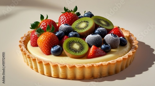 a colorful fruit tart with a delicate pastry crust filled with creamy custard and topped with an assortment of vibrant, fresh fruits like strawberries, blueberries, and kiwi photo