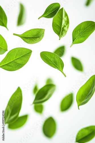 Vibrant Green Leaves Falling Gently on White Background Fresh Nature Spring