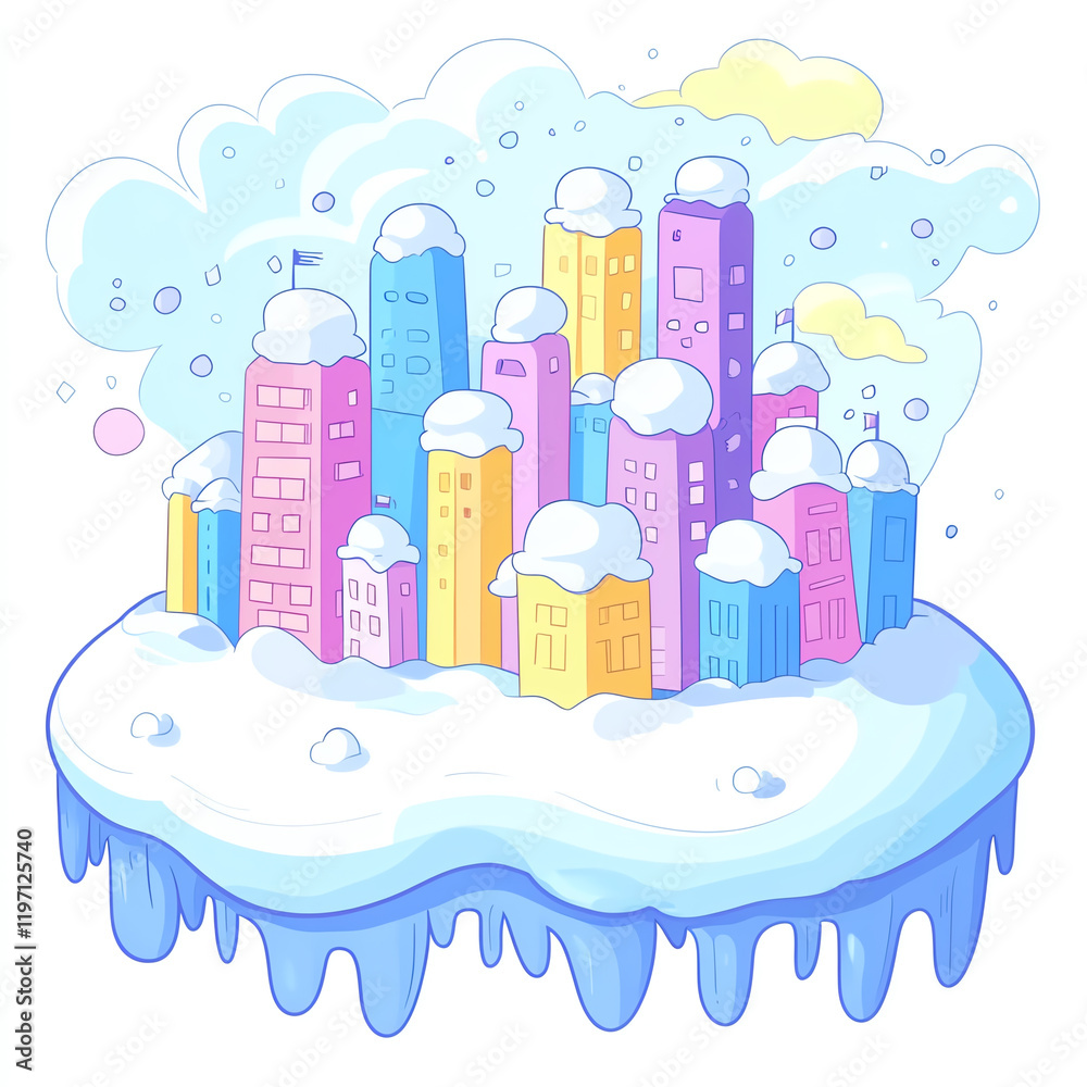 Obraz premium A whimsical illustration of colorful buildings covered in snow, creating a playful winter urban landscape.