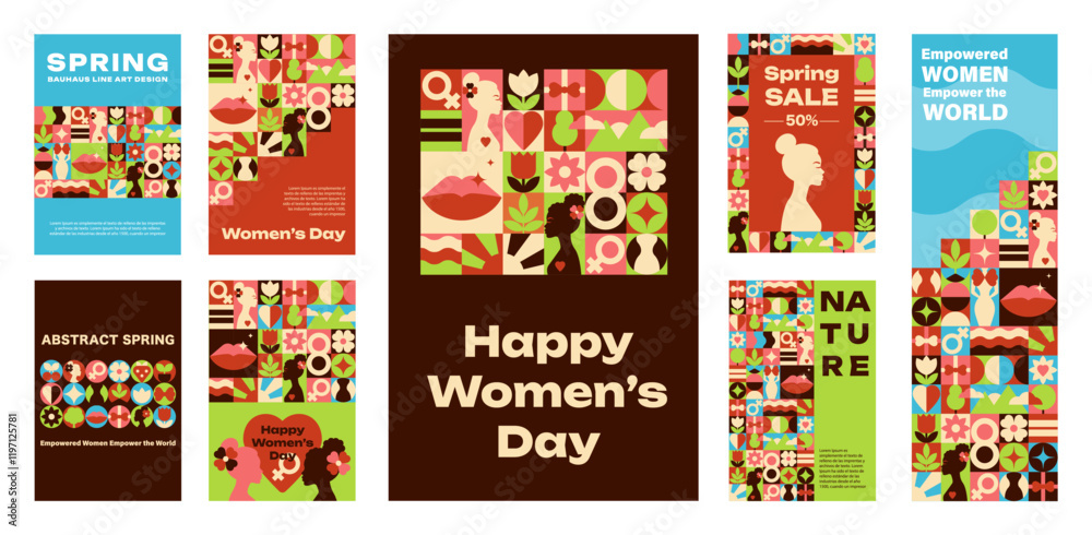 Fototapeta premium Geometric Set of Posters, Banners for Women Day with Text, Nature, and Feminine Motifs