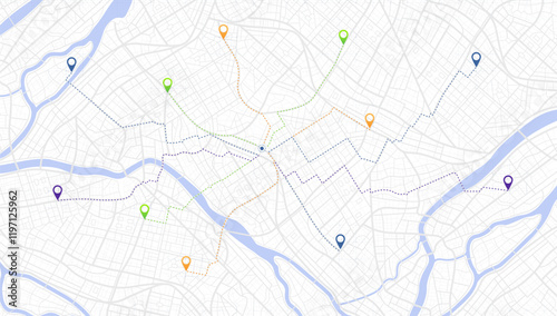 Multiple destinations. Gps tracking map. Track navigation pins on street maps, navigate mapping technology and locate position pin. Futuristic travel gps map or location navigator vector illustration