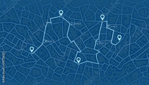 City map featuring directional signs, an intended goal point and multiple markers. An abstract navigation plan highlights POI including city streets, blocks. Vector illustration