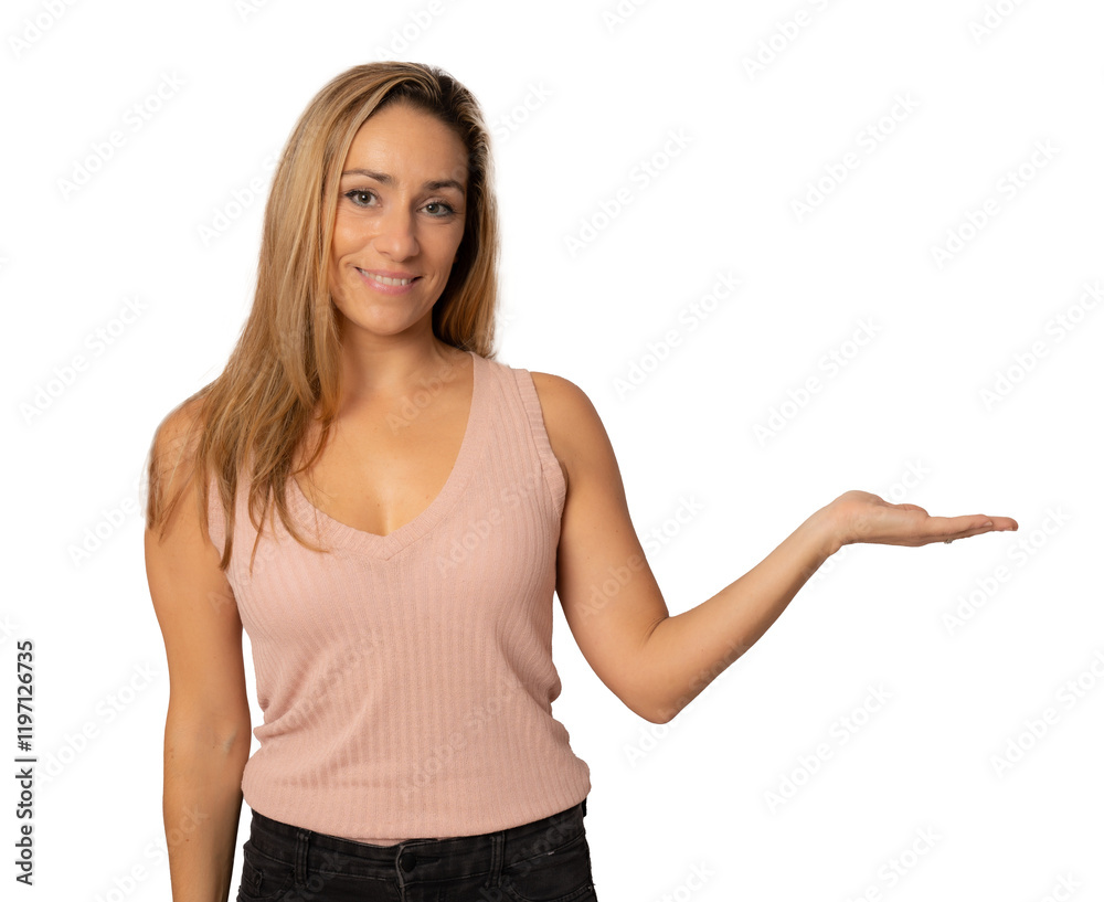 Happy woman presenting with open hand holding something blank isolated over transparent background. PNG transparent. Happy woman presenting with open hand holding something blank isolated over transparent background. PNG transparent.