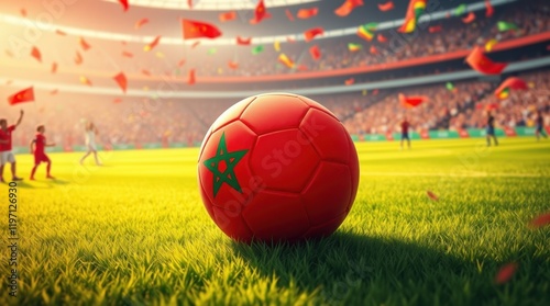 A vibrant red soccer ball adorned with the Moroccan flag  rests on vibrant green grass under a sunny 