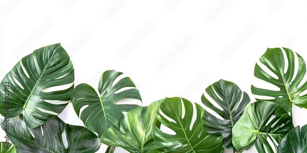 Naklejka premium Lush Green Monstera Leaves on White Background Tropical Foliage Design