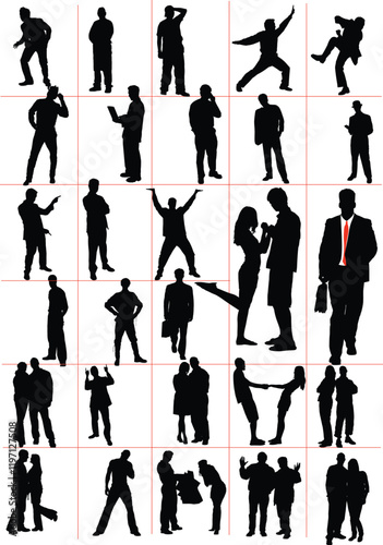 006-10-Diverse collection of black silhouettes depicting individuals and couples engaged in various activities, from business to leisure