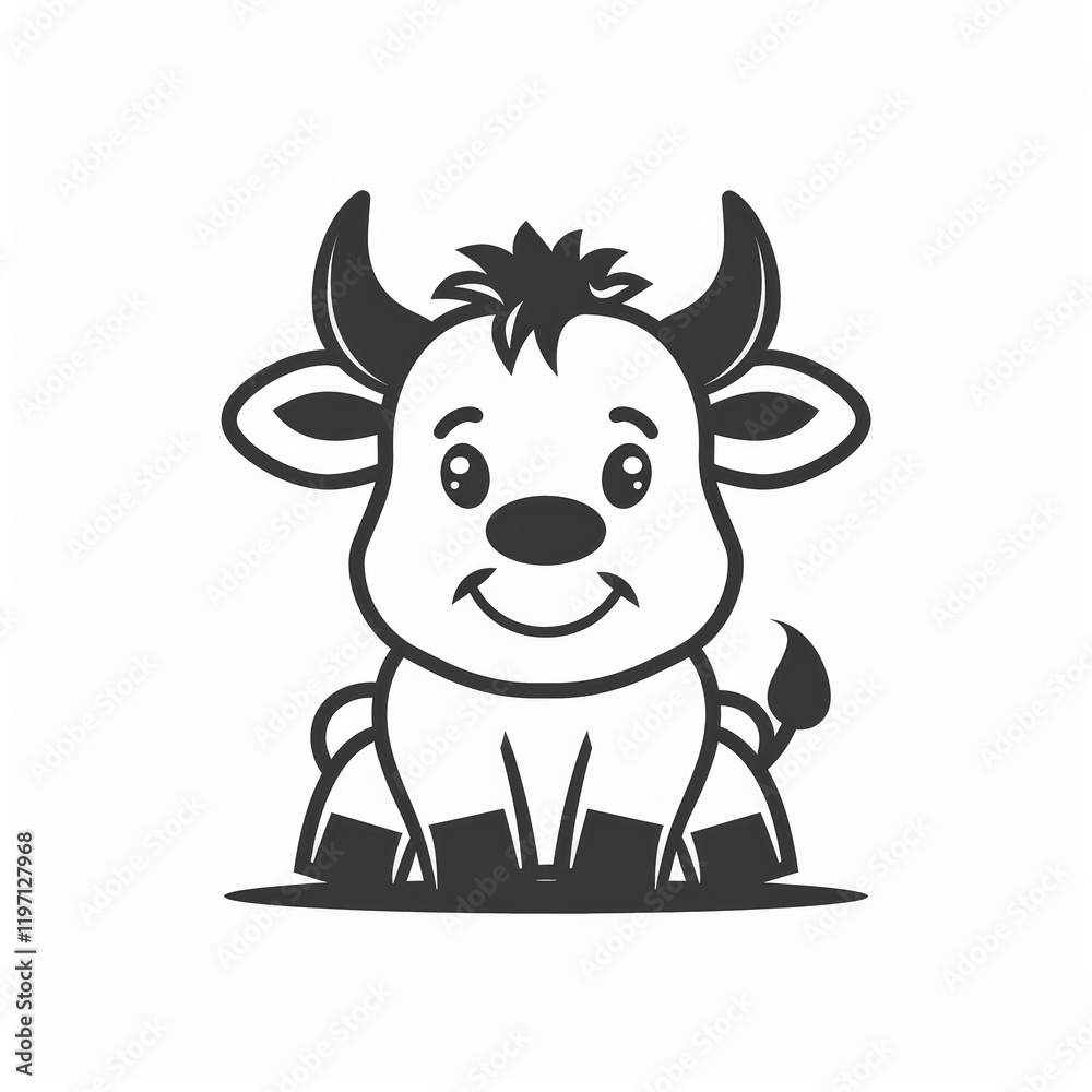 Cute Ox Vector Logo Design in Black and White Outline Style Cute Ox Vector Logo Design in Black and White Outline Style