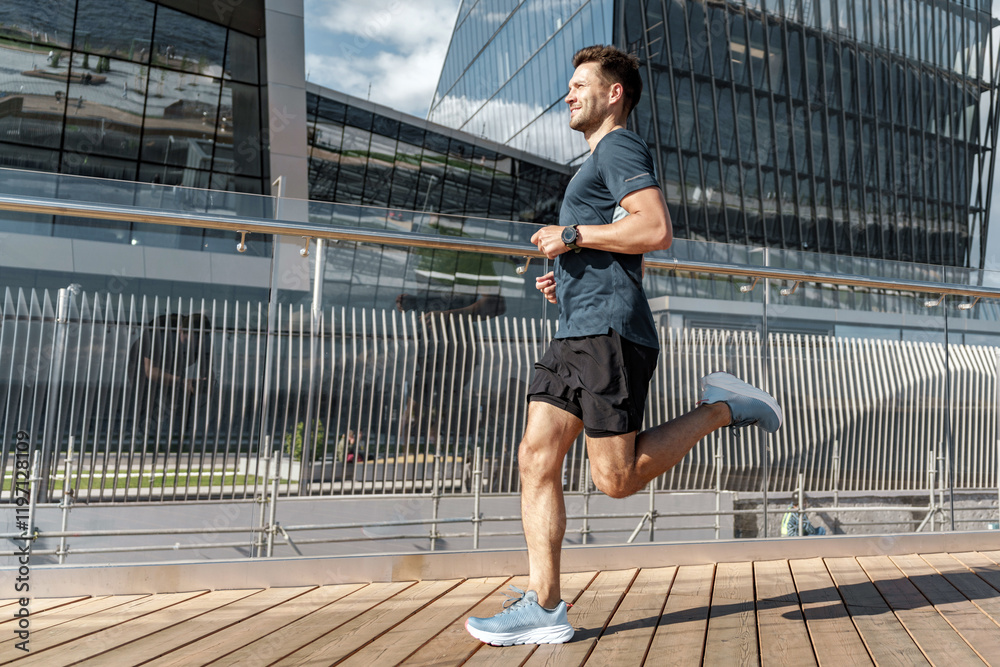 Fototapeta premium Man jogging on a wooden deck near modern buildings during bright daylight