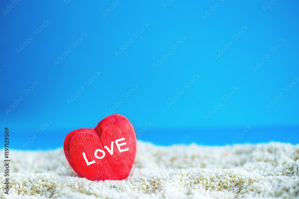 red Heart shape on white sand beach ,Image for love valentine day or summer vacation concept
