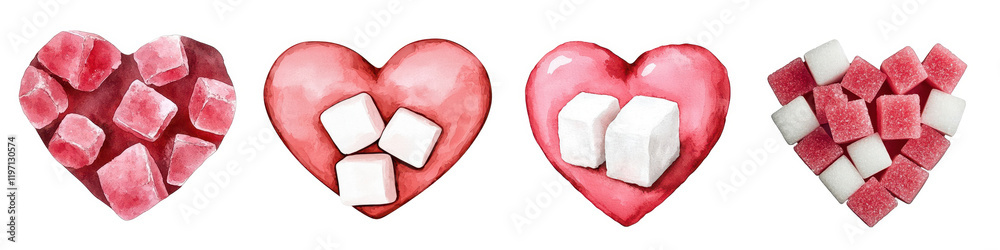 Fototapeta premium Colorful hearts made of sugar cubes, symbolizing love and sweetness, arranged in a playful manner, on white background.