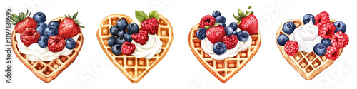Heart-shaped waffles topped with fresh berries and whipped cream, beautifully arranged in a delightful display, on white background.
