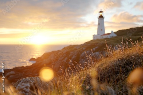 Golden sunset illuminates a coastal lighthouse with vibrant sky and grassy landscape
