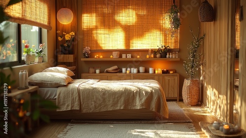 A massage taking place in a room with calming aromatherapy scents, soft lighting, and ambient music, multisensory massage photo