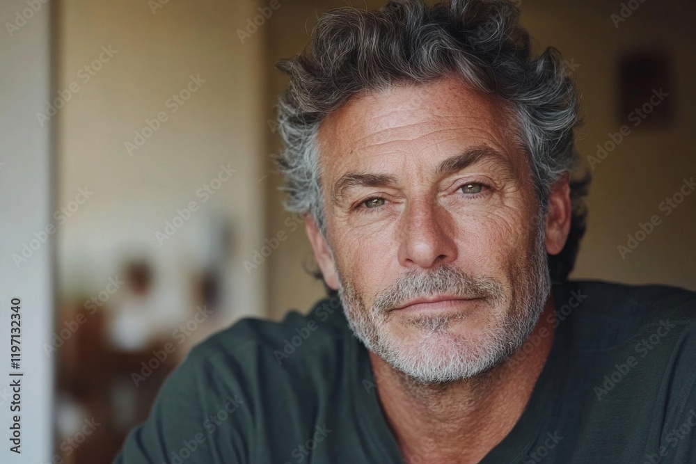 Man with curly gray hair and beard reflects in a cozy indoor setting during a calm afternoon Man with curly gray hair and beard reflects in a cozy indoor setting during a calm afternoon