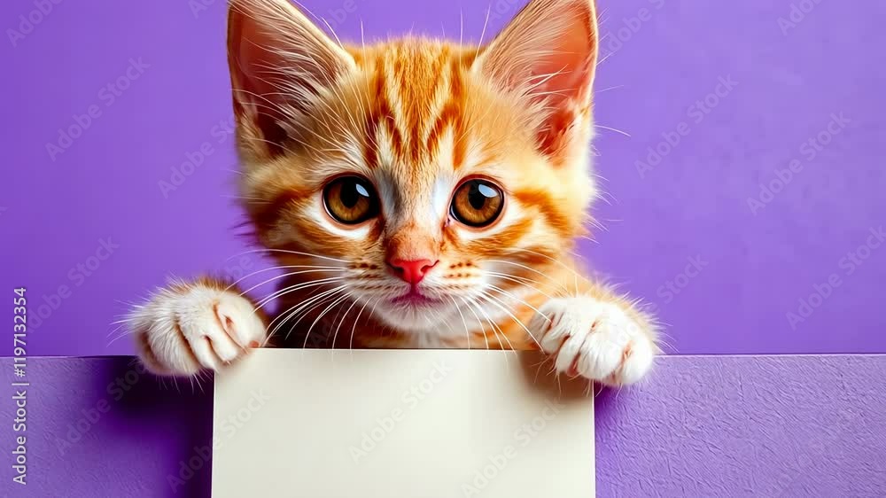 Young orange kitten peeking sign.holds blank card paws.studio purple background.Mischief eyes,playful setting.Fluffy feline displaying curiosity and cuteness.staged photo shoot indoors.