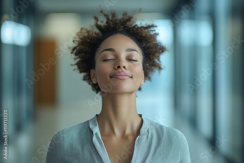Happy entrepreneur with eyes closed taking deep breath in office hallway. Generative AI