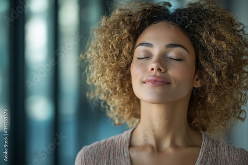 Happy entrepreneur with eyes closed taking deep breath in office hallway. Generative AI