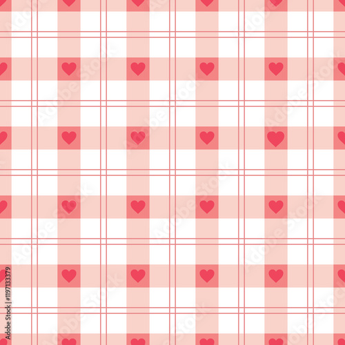 Seamless red heart on plaid pattern background for Valentine’s Day backdrop, card, banner, wallpaper, wrapping, print. Vector illustration.