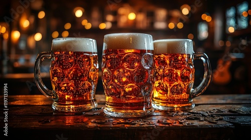 Cozy irish pub celebration with three frothy beer mugs and warm ambiance photo