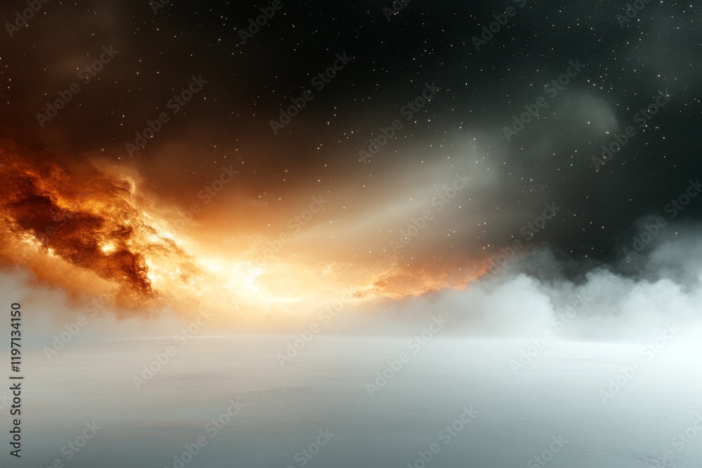 Fototapeta premium Dramatic sunset with clouds and mist over a calm landscape at twilight