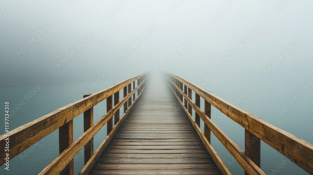 Fototapeta premium Wooden bridge stretches into dense fog, creating serene and myst