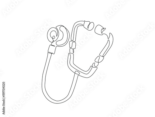 Continuous line art drawing of stethoscope - Medical equipment. Stethoscope single line art drawing vector illustration. Editable stroke.