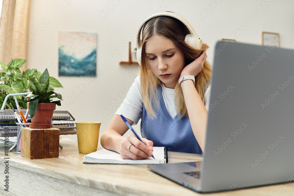 In a cozy room, a girl in headphones immerses herself in her notes, embracing creativity.