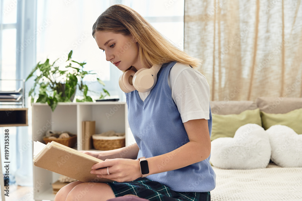 A thoughtful girl is immersed in reading while surrounded by her cozy room decor. A thoughtful girl is immersed in reading while surrounded by her cozy room decor.