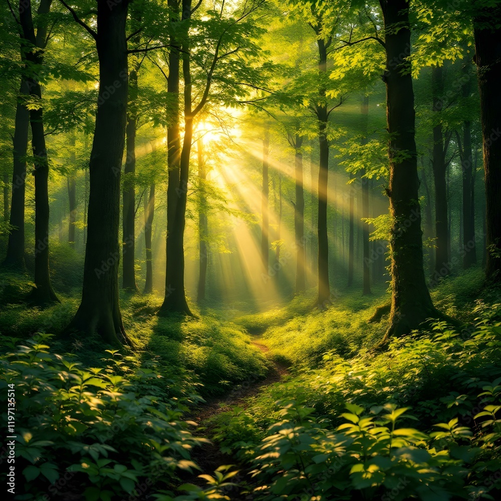Fototapeta premium Lush green forest, sunbeams piercing through trees, misty atmosphere
