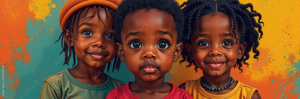 Three young children with dark skin and braided hair, colorful backdrop, Black History Month