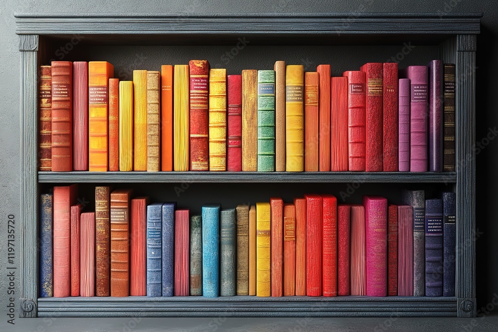 Naklejka premium Colorful books fill a dark wooden bookshelf, creating a vibrant display of literature.