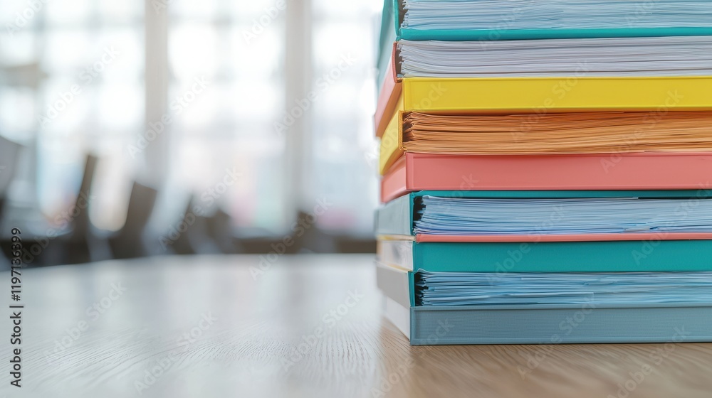 Stack of colorful files sitting on a desk in an office, enhancing workflow organization Stack of colorful files sitting on a desk in an office, enhancing workflow organization
