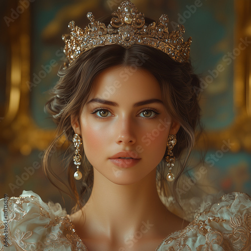 a close-up of Queen Esther’s serene face, her elegant gold crown and pearl earrings shimmering, with a blurred backdrop of a royal chamber featuring Persian-inspired patterns photo