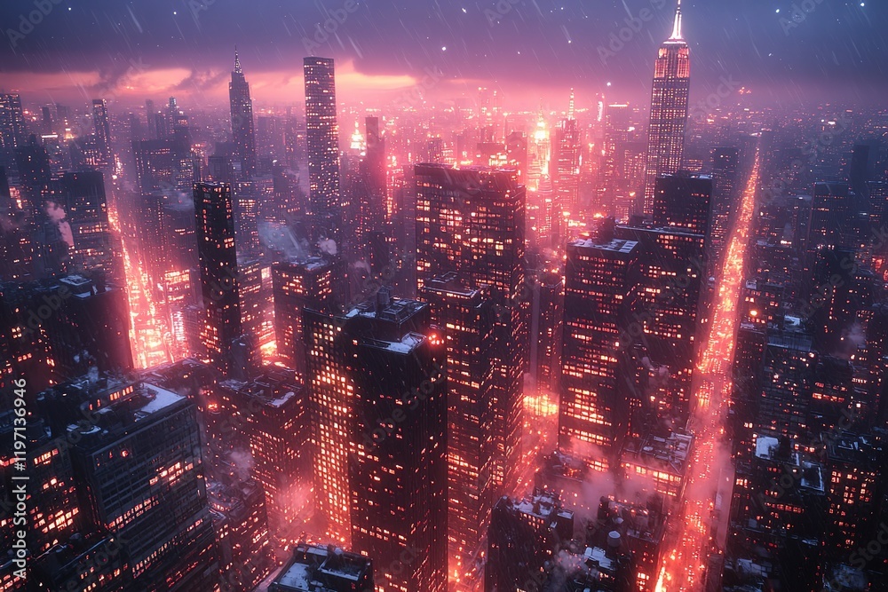 Obraz premium Cityscape at night, rain falling, warm lights glowing.