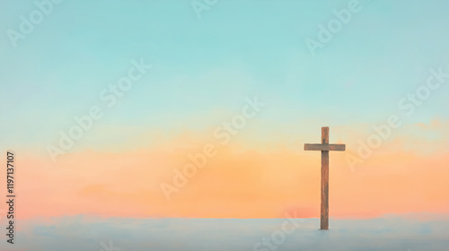 An inspiring depiction of a simple wooden cross standing against a serene dawn sky