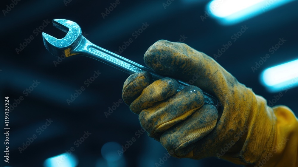 Worker Holding Wrench in Industrial Setting Worker Holding Wrench in Industrial Setting
