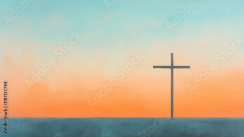 An inspiring depiction of a simple wooden cross standing against a serene dawn sky