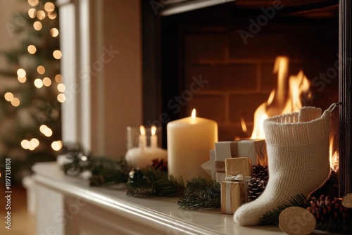 Cozy holiday decorations with a fireplace adorned with festive candles and a knitted stocking during winter evenings photo