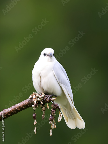 A white bird sits serenely on a tree branch, surrounded by unsightly bird droppings, indicating an excessive intake photo