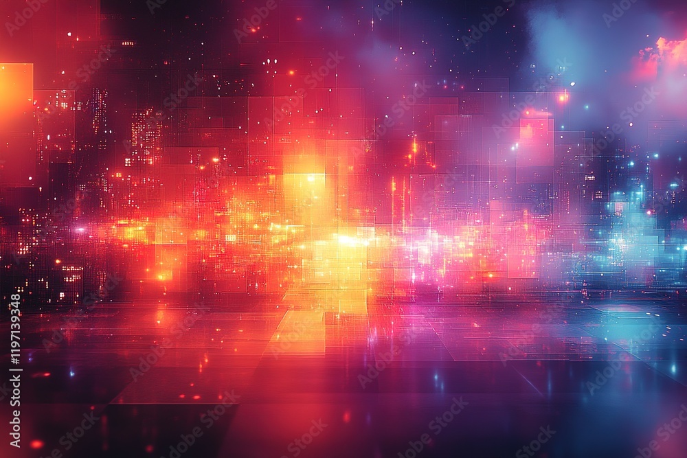 Fototapeta premium Futuristic cityscape at night, vibrant neon lights reflecting on a glossy surface.