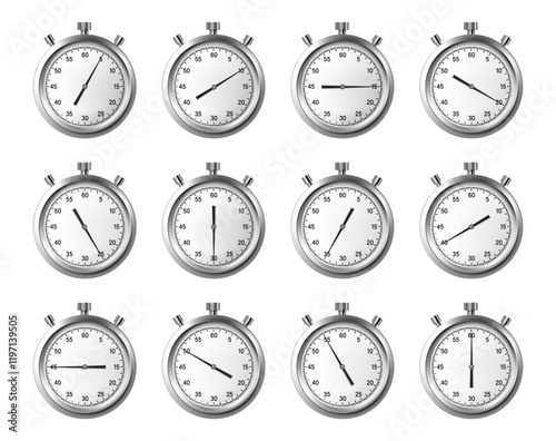 Stopwatches and timers with face and buttons. Vector isolated realistic set of clock measuring precise hour, minute or second. Sports competition equipment. Vintage design of pocket watch