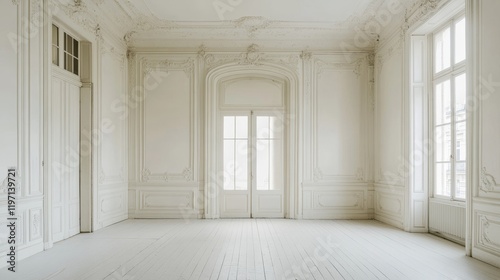 A bright  minimalist room with smooth white walls and doorway. ai generated