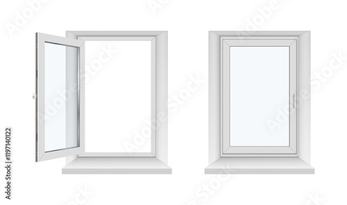 Plastic window frame with glass, handle closed and open doors. Vector isolated set of realistic building construction elements. Traditional and classic architecture, rectangular vertical form