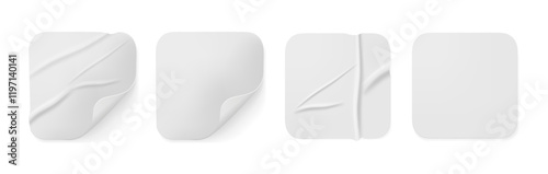 Creased blank paper stickers with glued crumpled texture effect. Vector isolated realistic square labels with bend corners, white empty sheets with wrinkles and curled pieces, memo or note
