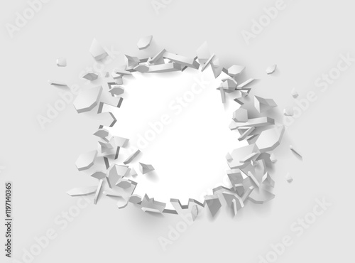 Wall with broken piece revealing hole with copy space and blank place. Vector realistic effect with falling concrete, plaster or bricks. Panel with cracks and fractures, demolished barrier