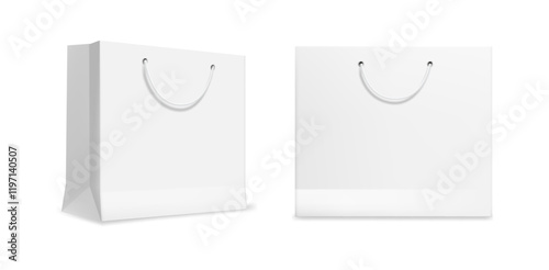 Shop bags with handles, shopping packages, supermarket shop mall packs. Vector illustration of consumer order blank packs, gift store product bags. Paper shop advertising bag